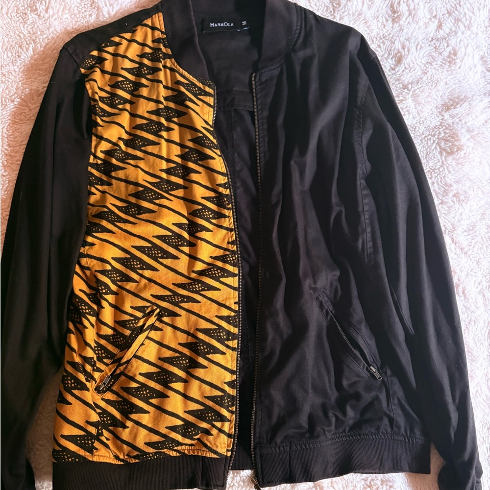 Manaola Black Bomber Jacket with Yellow Patterned Panel